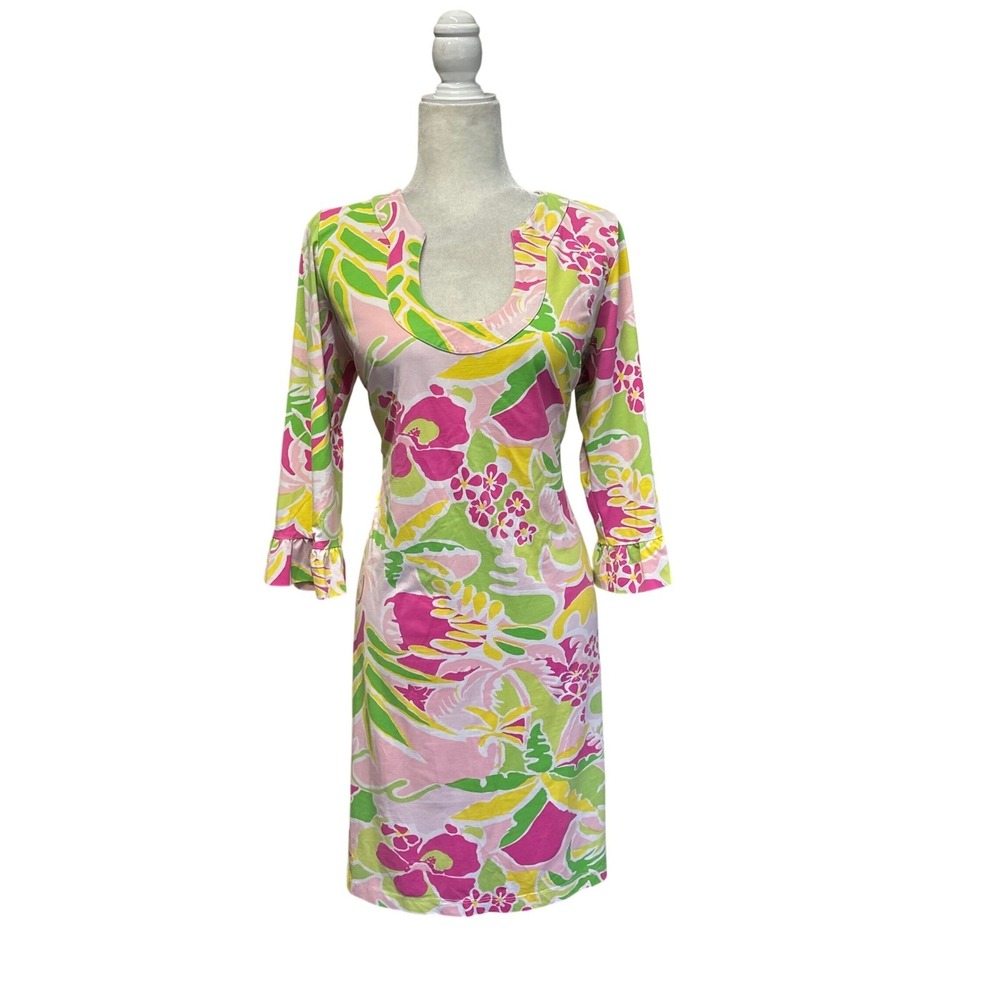 Katherine Way Womens L Abstract Floral‎ Shift Dress Multicolored Resort Stretch